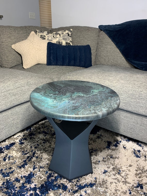 Epoxy Side Table - Tempest of Time - Granite Marble Small Round Table - Blue, Black, Green - Modern Accent Table - Matte Finish