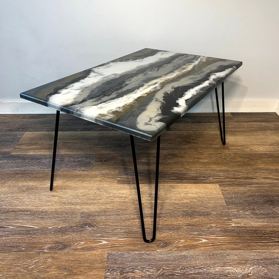 Epoxy Coffee/Side Table - The Grey Saint - Granite Marble Table - Grey, White, Black, Gold - Modern Accent Table - Matte Finish