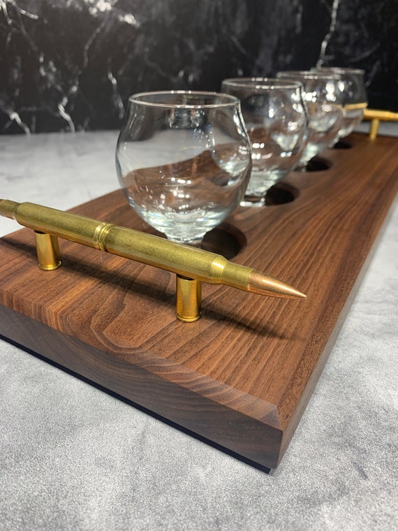 Beer Flight - Luxury Black Walnut Drink Board + 30/06 Ammo Handles - Beer / Whiskey / Bourbon / Wine / Tequila - 5oz Belgian Tasting Glasses