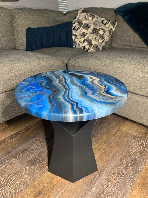Epoxy Side Table - Saphira's Geode - Granite Marble Small Round Table - Blue, Gray, Black, White - Modern Accent Table - Matte Finish