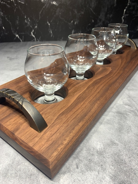 Beer Flight - Luxury Black Walnut Handmade Drink Board + Handles - Beer / Whiskey / Bourbon / Wine / Tequila - 5oz Belgian Tasting Glasses