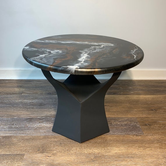 Epoxy Coffee/Side Table - The Hieroglyph - Granite Marble Small Round Table - Black, White, Grey - Modern Accent Table - Matte Finish