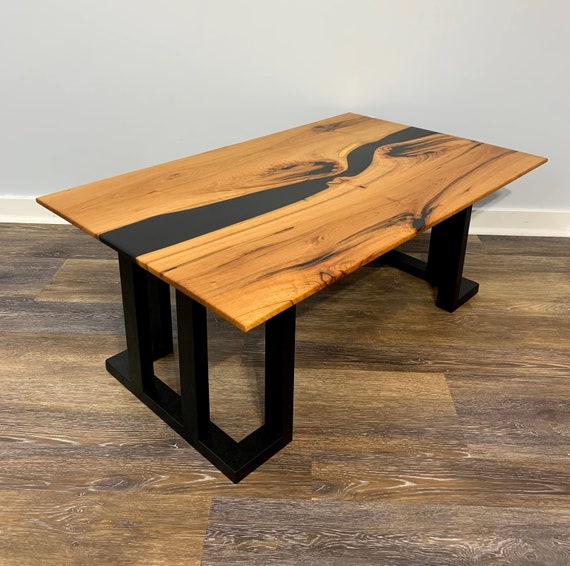 Cherry Live Edge River Coffee Table – Luxury Lodge – Hardwood Slabs with Black Epoxy – C -Shaped Legs Included