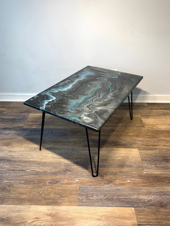 Epoxy Coffee/Side Table - The Suspicious Observer - Granite Marble Table - Black, Grey, Blue, Gold- Modern Accent Table - Matte Finish