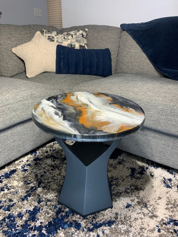 Epoxy Side Table - Ancient Feather - Granite Marble Small Round Table - Gold, White, Black, Orange - Modern Accent Table - Gloss Finish