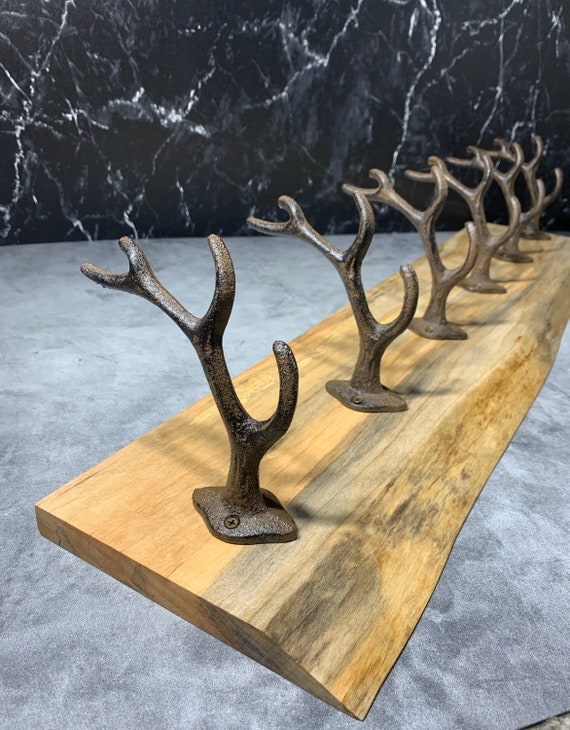 Live Edge Spalted Maple Wall Rack –  Luxury Lodge – 6 Cast Iron Deer Antler Hooks on Hardwood Plank