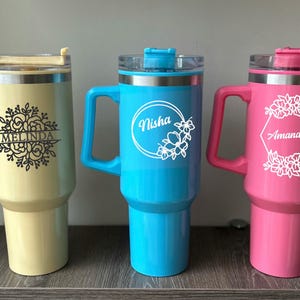 Personalized 40oz Tumbler with Handle & Straw | Custom Name Cup | Insulated Stainless Tumbler | Gift for Her | Company Logo Mug | Stanley