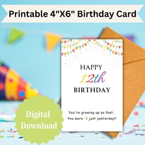 Carte d'anniversaire imprimable 4 "X6" | Anniversaire de 12 ans | Carte d'anniversaire pour garçon | Carte d'anniversaire pour fille | Anniversaire numérique | Téléchargement instantané