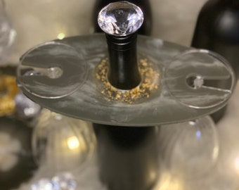 Gray Wine Glass Caddy, Wine Champagne caddy, Wine Butler, Wine Glass Holder, Housewarming gift, Resin wine caddy/(matching coasters)