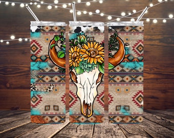 Aztec Longhorn Sunflower Western Tumbler, Western Themed Tumbler available in 20 or 30 oz Tumblers, Other styles available upon request