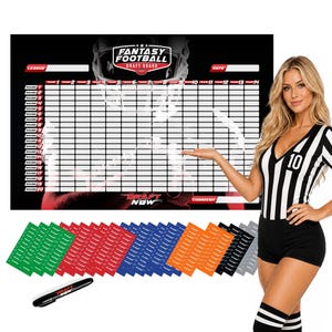 May include: A black and white fantasy football draft board featuring a grid for 14 teams and 20 rounds, with the text Fantasy Football Draft Board, Draft Now, and Commish. Includes multiple sets of colored player stickers and a black marker pen.