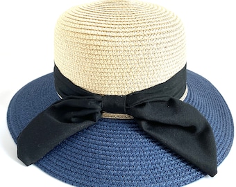 1960 Vintage Navy Blue Straw Raffia , Nautical Style, Boater  display picture 1