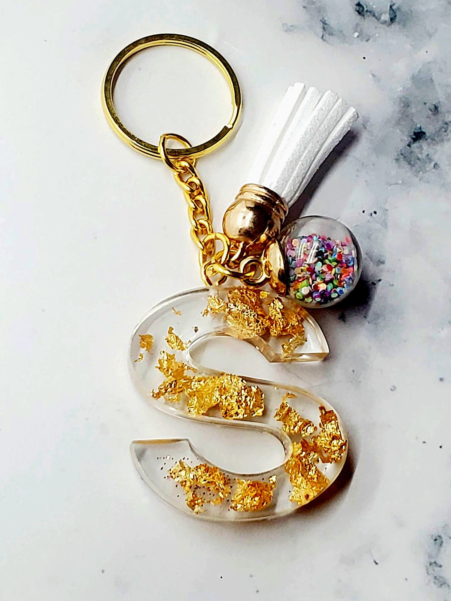 Initial Letter Gold Foil Keychain Custom Etsy