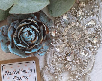 Crystal Beaded Bridal Motif: Ivory Silver Embroidered Applique