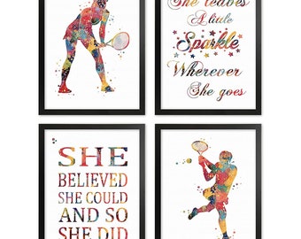 Tennis Player Girl Watercolor Poster Set Girl Tennis Player Prints Girl's Room Wall Decor Teen Girl's Wall Art 8x10 Unframed Print Set