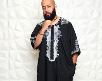 Mens African Solid Print Tunic for Men Casual Tunic Top for Men