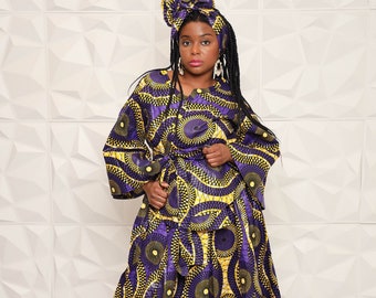 Purple Gold Maxi Skirt Set/Headwrap | African Print Matching Top| Plus Size Skirt| High Waisted Skirt | Skirt with Pockets