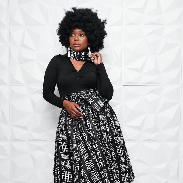 Ankara Print Black + White Short Maxi Skirt | Headwrap |  Ankara Maxi Skirt | High Waisted Skirt | Maxi Skirt  with Pockets