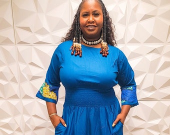 Blue African Print Dress for Women / Africa Below-the-knee Smock Dress