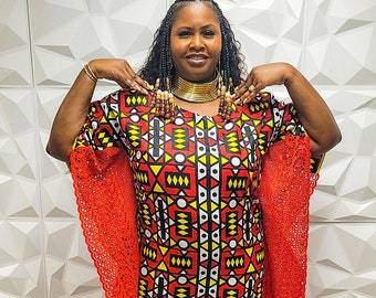 Red African Print Dress/Ankara fabric Kaftan/African Attire Knitted Cotton/Handmade Kaftan Dress