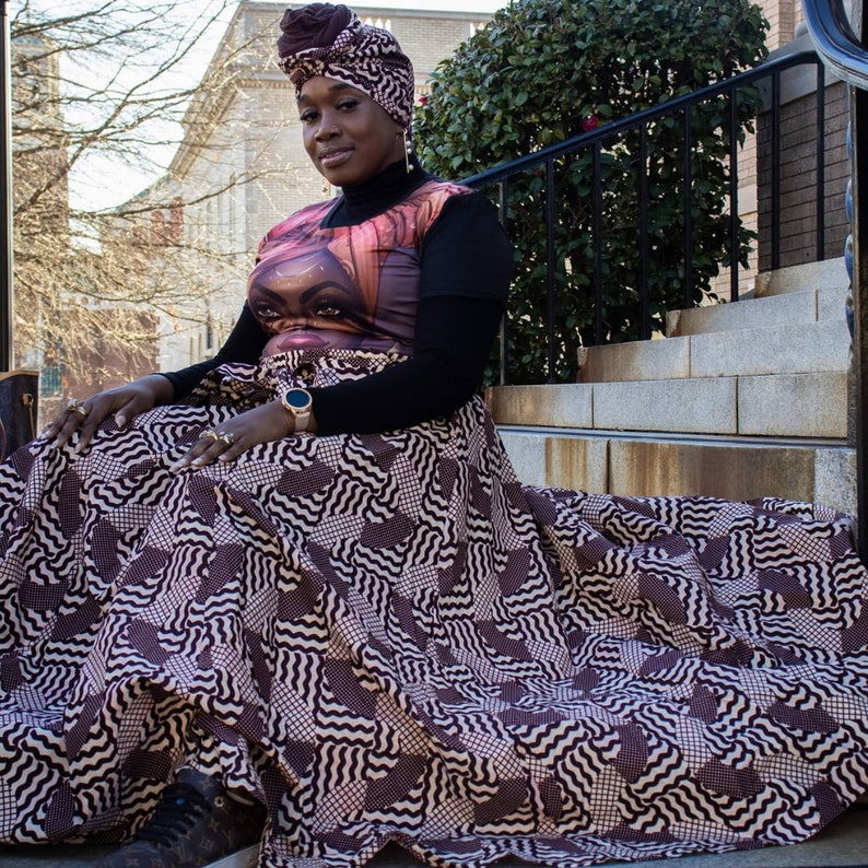 Sale African Print Ankara fabric African Attire Long Maxi Skirt Dress with Pockets and Headwrap or scarf