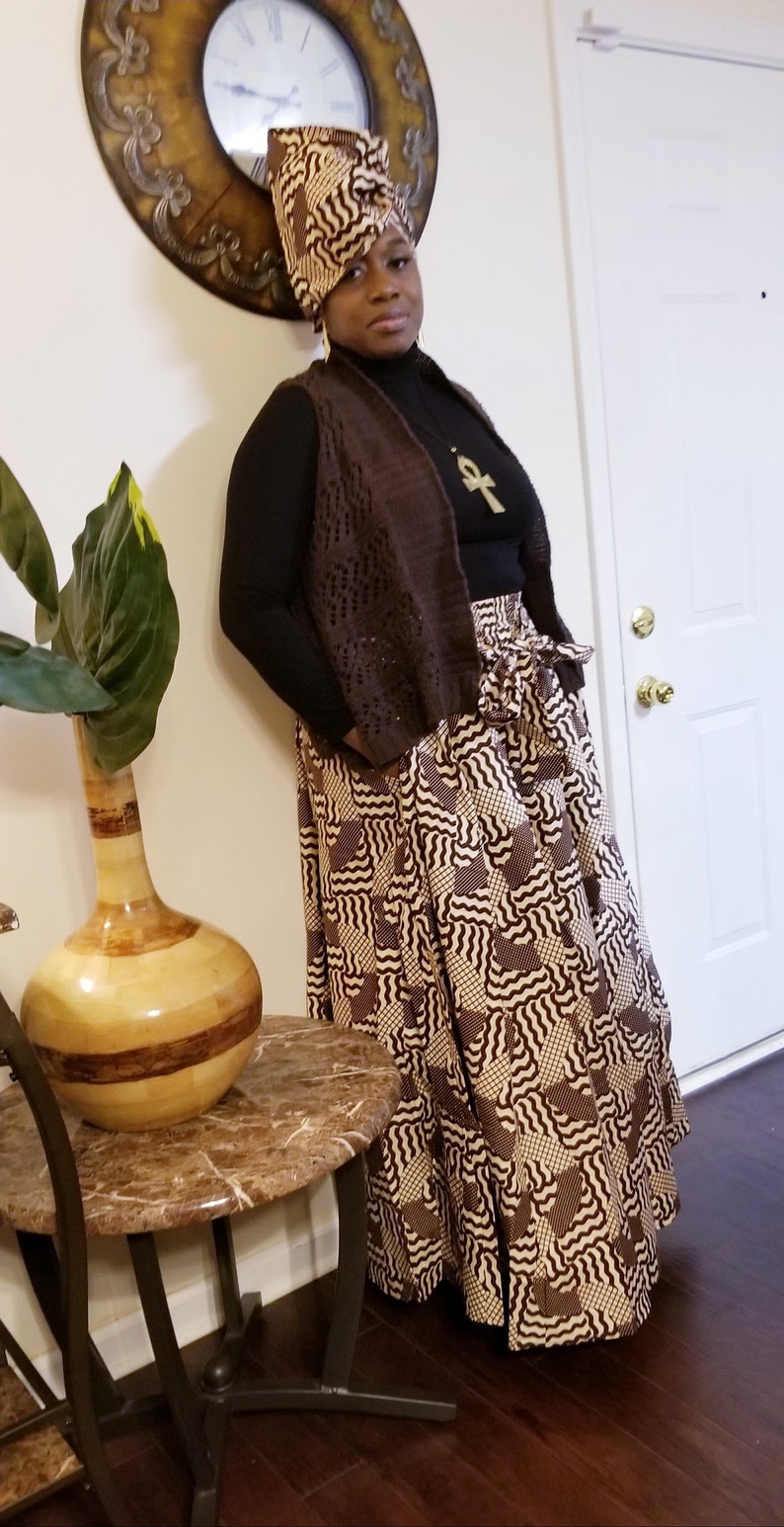 Sale African Print Ankara fabric African Attire Long Maxi Skirt Dress with Pockets and Headwrap or scarf
