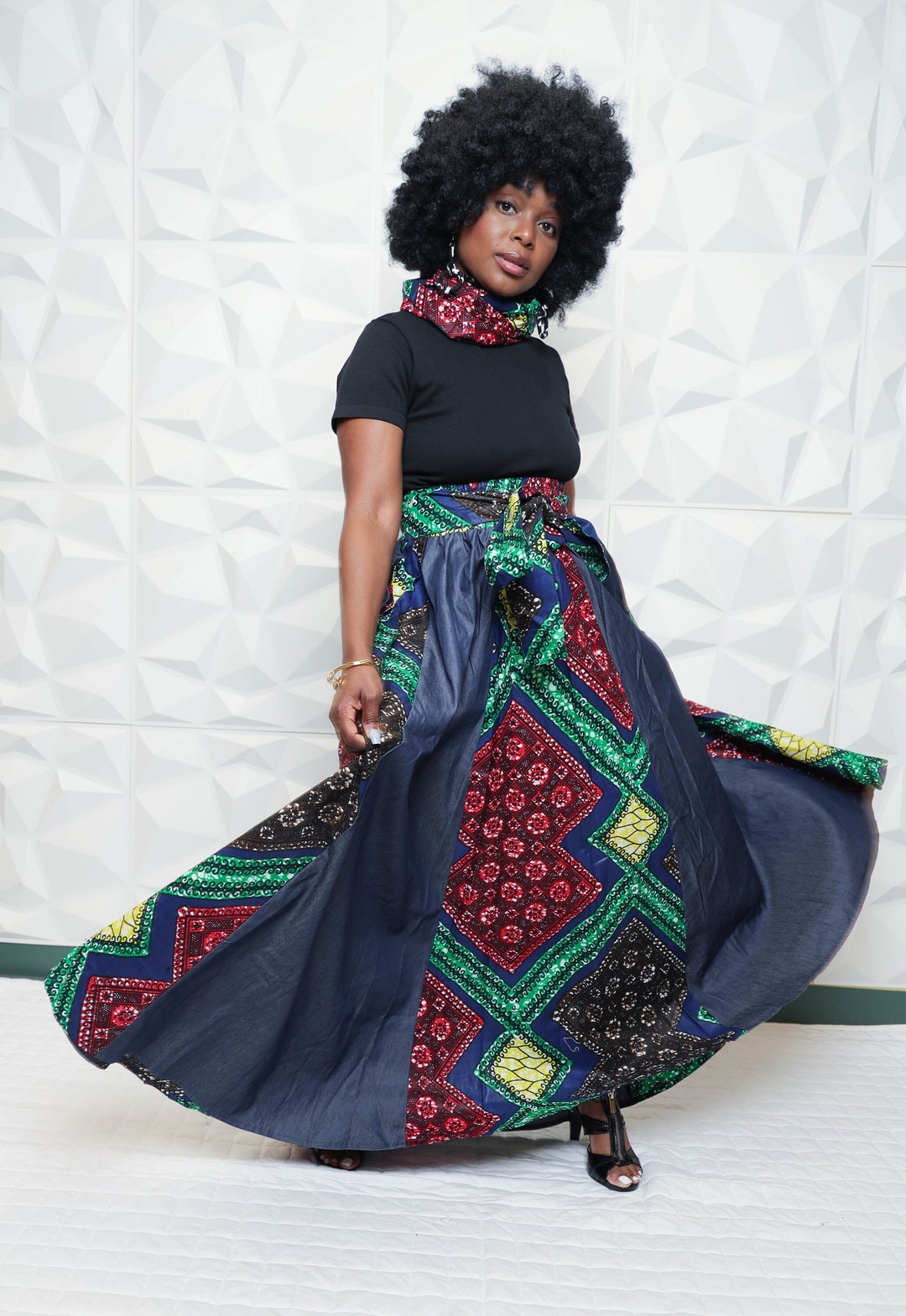 Denim African Print Maxi Skirt Headwrap Ankara Maxi Skirt African ...
