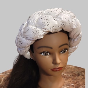 Big satin twist braid Handmade African Head Band Nigerian Wedding Gele Women Braid Turbans Ladies Head Band White with beads