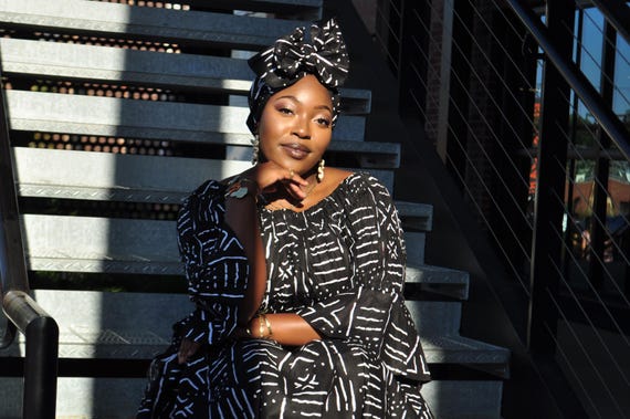 African Print Dress|Tribal Print|Smock Style Dress with Head Piece|Black and White