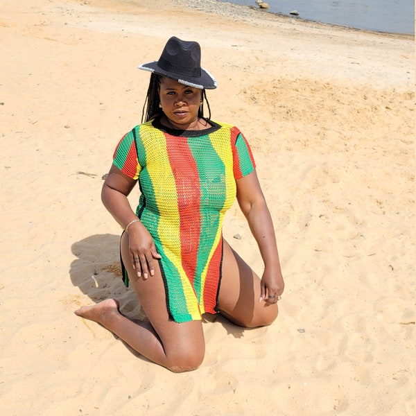 Sale! Rasta Colored Knitted Dress Sarong Cover-up Swimwear Covering Top