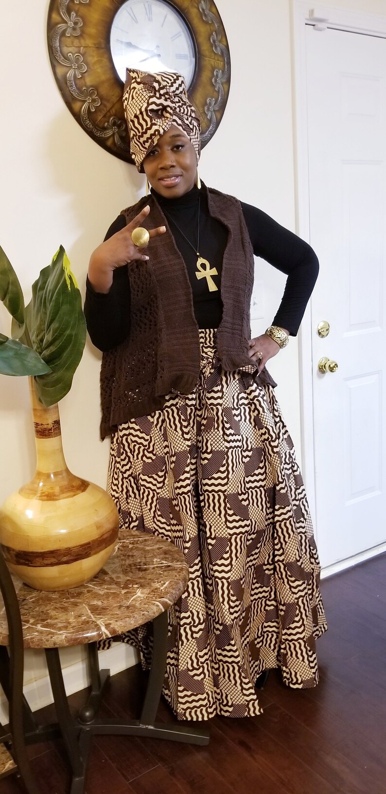 Sale African Print Ankara fabric African Attire Long Maxi Skirt Dress with Pockets and Headwrap or scarf