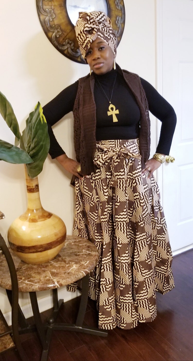 Sale African Print Ankara fabric African Attire Long Maxi Skirt Dress with Pockets and Headwrap or scarf