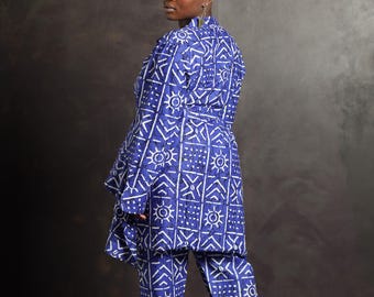 African Print Women's Two-Piece Pant Set | Blue Mudcloth-Inspired high-low Top & Matching Pants | Handmade Clothing | Plus Size Outfit