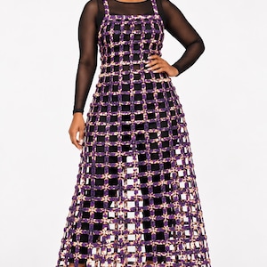 African Print Web Dress | Purple & Light Pink Statement Maxi Dress | Handmade African Fashion | Open Weave Dress