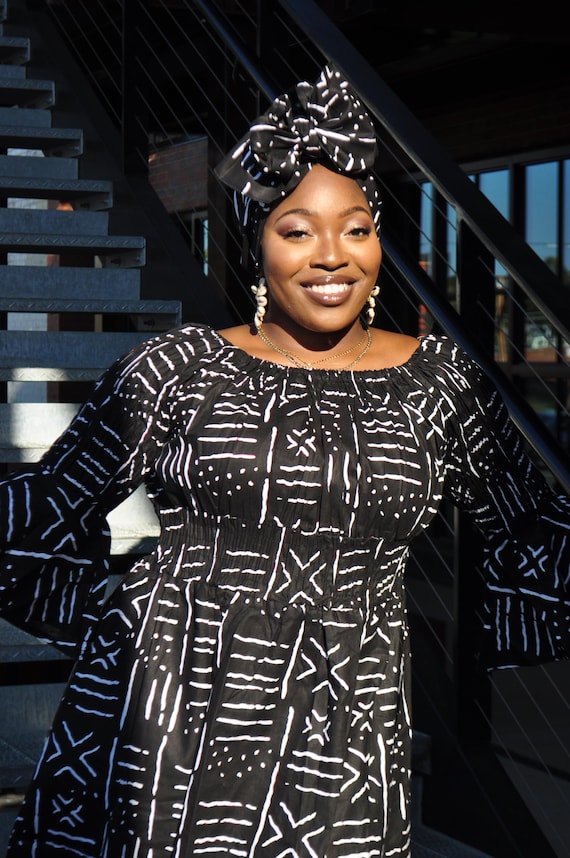 black and white dress plus African Print Dress|Tribal Print|Smock Style with Head Piece|Black Women Summer Dresses Elegant Autumn-Winter Runs true to size Size:M/L 8-12