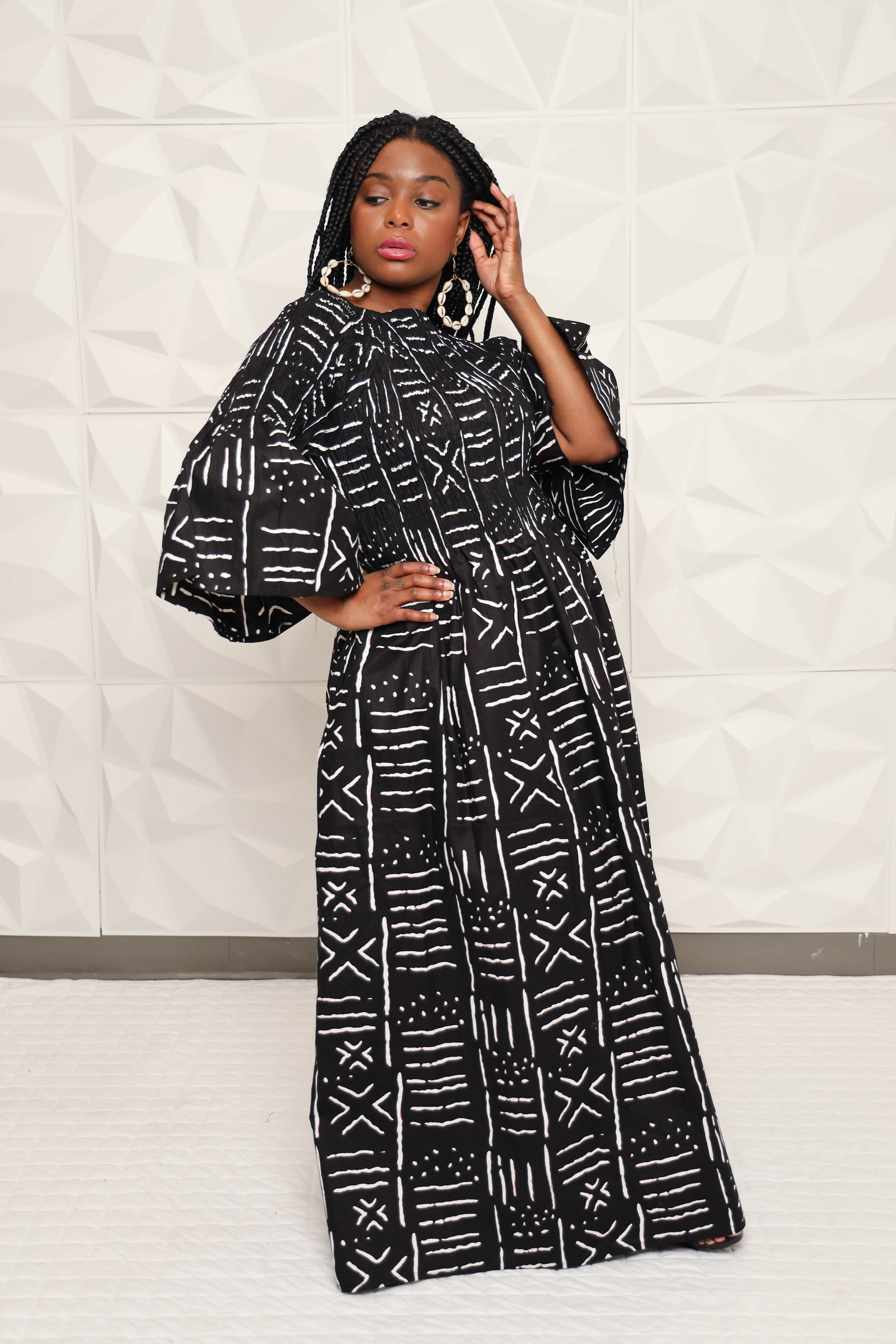 tribal print long sleeve dress African Print Dress|Tribal Print|Smock Style Dress with Head Piece|Black and White