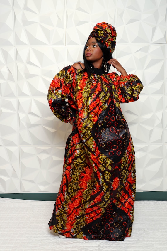 Handmade African Print Maxi Dress: Ankara Tie-dyed Off-shoulder