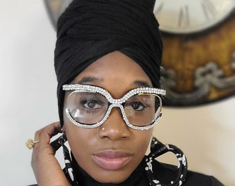 Black Round Cut Oversized Eyeglasses Large Frames in a Studded Frame Clear Lens Classic 90s Retro