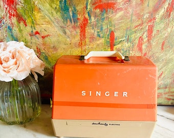 1960s Vintage Singer Sewhandy Electric Children's Sewing Machine with Orange Covering Case and Handle, Made in Great Britain