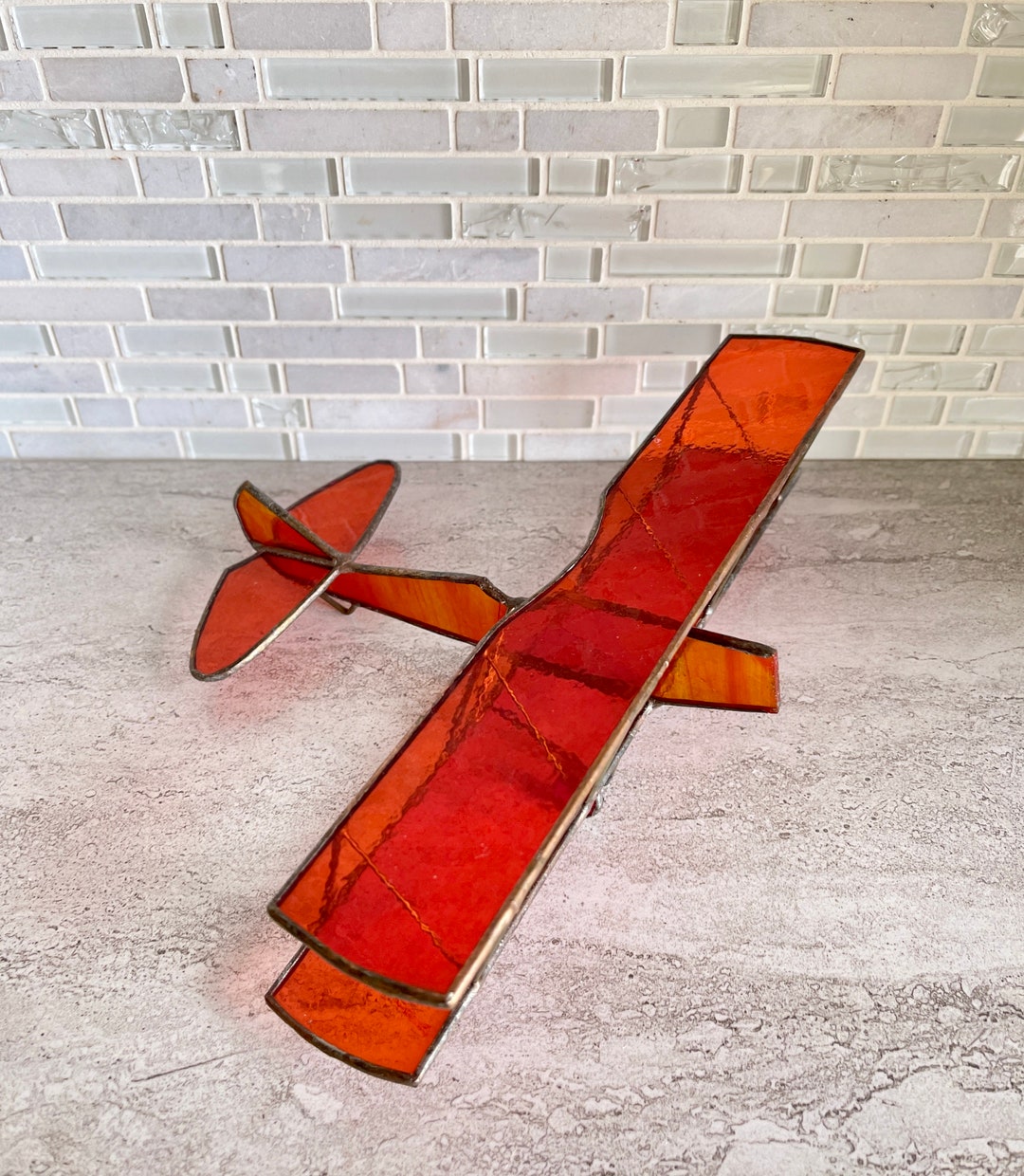Vintage Stained Glass Airplane Handmade Orange Color Stained Etsy
