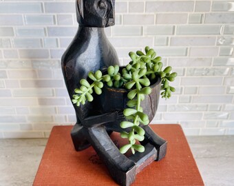 Hand Carved Wooden Man Holding Bowl, Ethnic Wooden Figure of Man Holding Bowl, African Wooden Sculpture, Wooden Plant Holder