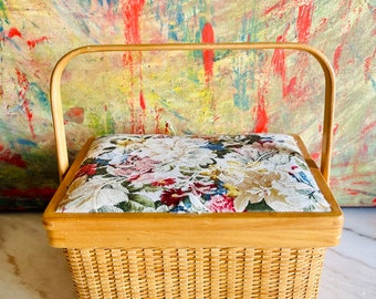 Vintage Wicker Sewing Box, Hand Woven Wicker Sewing Box with Wooden Handle and Floral Tapestry Covered Lid