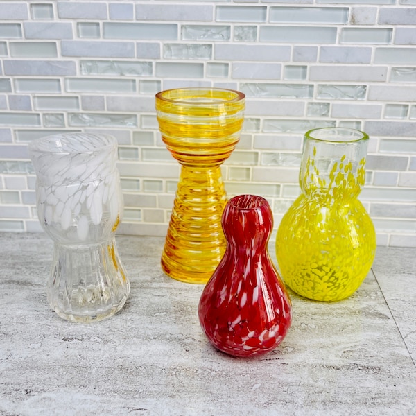 Hand Blown Glass Bulb Forcing Vase, Hyacinth Bulb Vase, Red, Amber, Clear with White Accent, Glass Bulb Forcing Vase