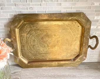 Vintage Solid Brass Large Serving Tray with Windmill and Dutch Design, Octagonal Shape Solid Brass Tray with Handles, Decorative Brass Tray