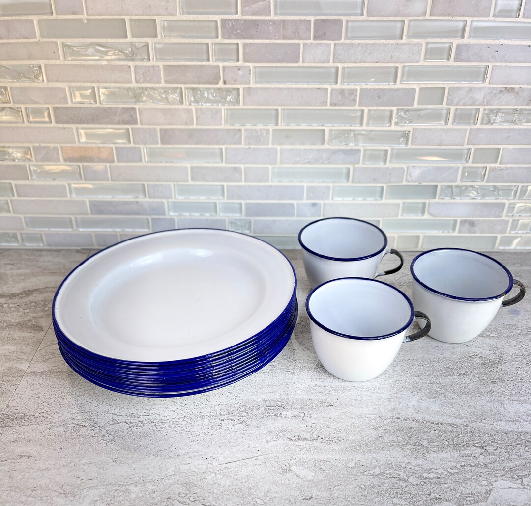 Cobalt Blue and White Enamelware Plates, Ker Sweden Vintage White Enamelware Camping Plates and