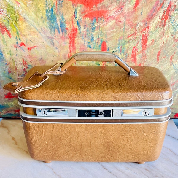 1980s Samsonite Vanity Traveling Suitcase, Brown Tan Chrome Hard Shell Train Case, Samsonite Silhouette Cosmetic Carry on Luggage, USA Made