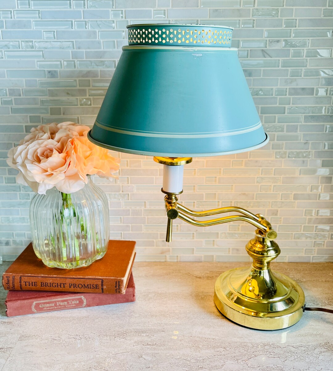 Mid Century Underwriters Laboratories Swing Arm Brass Lamp With Teal