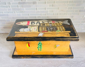 Hand Painted Wooden Fishing Bait Box, Fishing Gear Box, Handmade Wooden Fishing Box