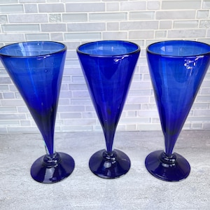 Vintage Cobalt Blue Glass Goblets, Hand Blown Cone Shaped Glass Cocktail Glasses, Cobalt Blue Barware