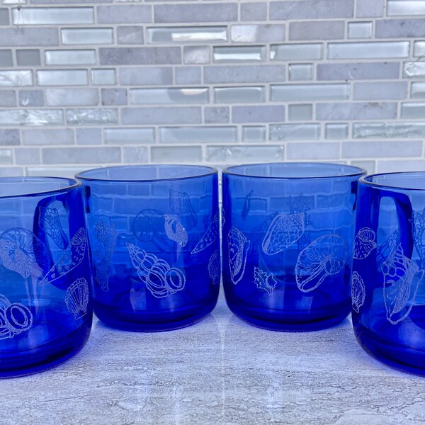 Rare Cobalt Blue Mug Glass Mugs, Glass Coffee Mug With Amazing Shell Designs. Beautiful Textured Glitter Glaze. Elegant Cobalt Mug